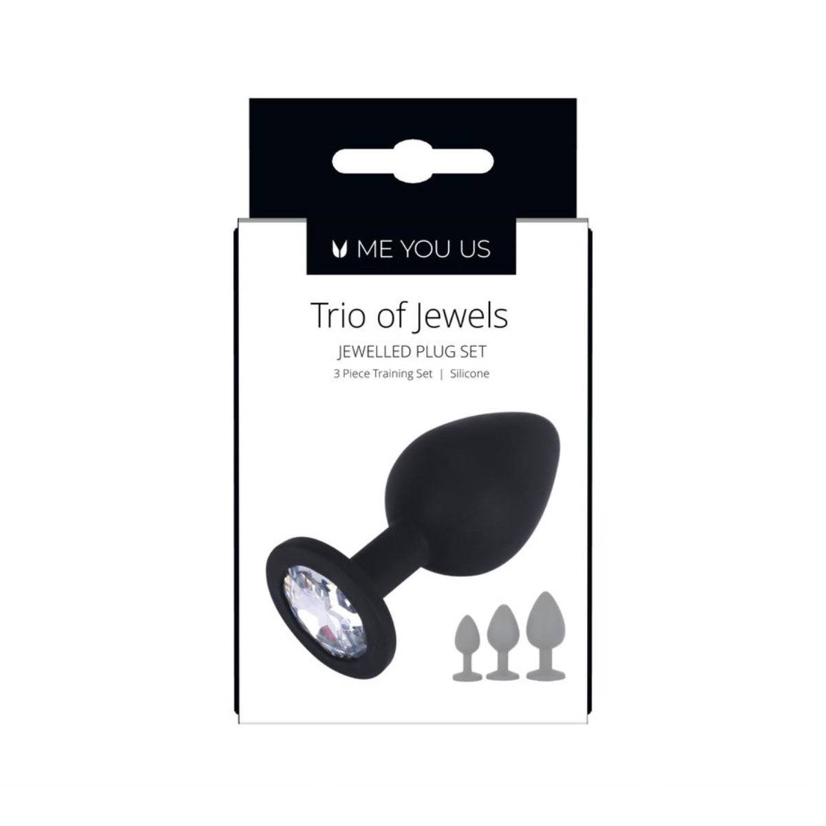 Front View Packaging - Me You Us Trio Of Jewels Jewelled Butt Plug Set Black - Simply Pleasure