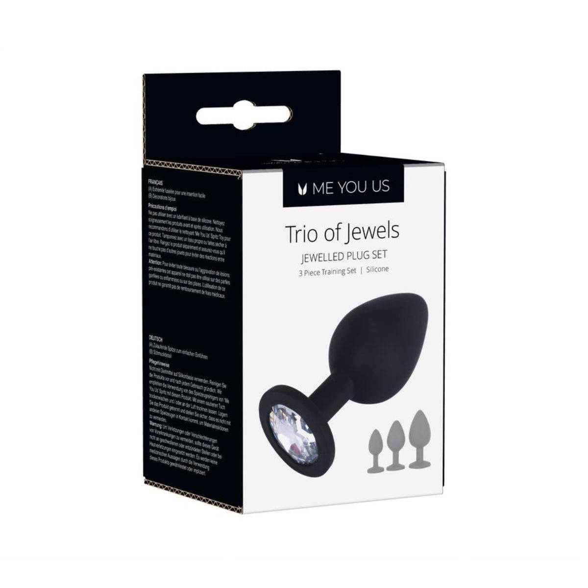 Front Side View Packaging - Me You Us Trio Of Jewels Jewelled Butt Plug Set Black - Simply Pleasure