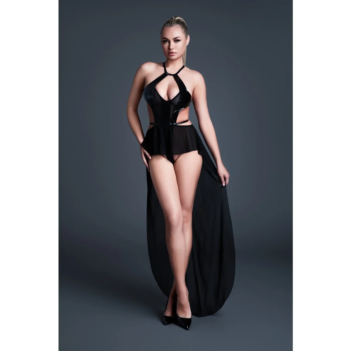 Allure Take Me Latex Look Vinyl & Mesh Bodysuit With Flirty Skirt Black