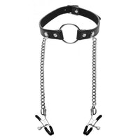 Master Series Seize O-Ring Gag With Nipple Clamps Black Silver