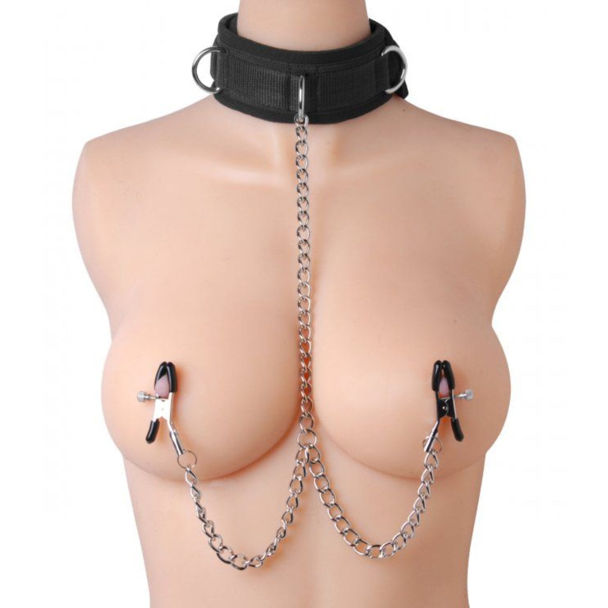 Master Series Submission Collar And Nipple Clamp Union Set Black Silver