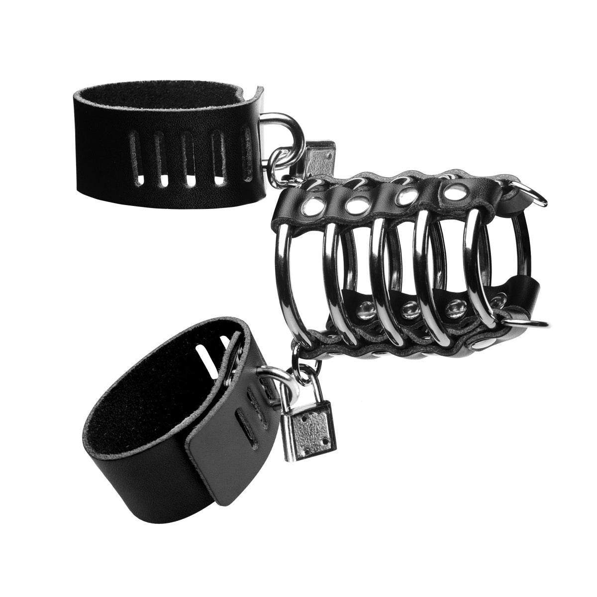 Strict 5 Ring Chastity Device With Cock & Ball Strap Black Silver