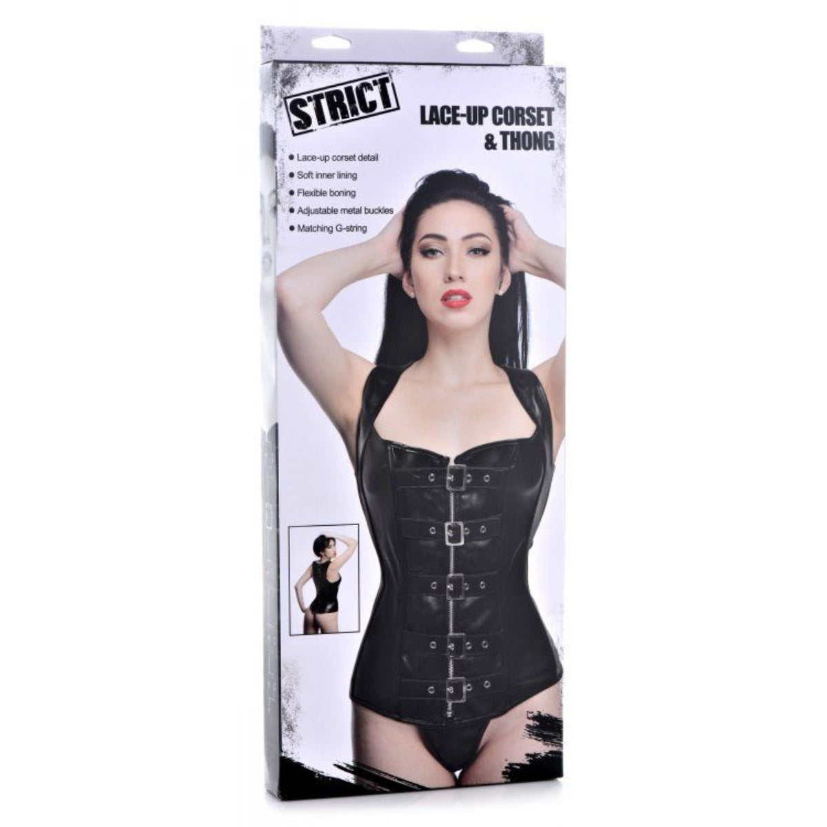 Strict Lace Up Corset & Thong Black Large