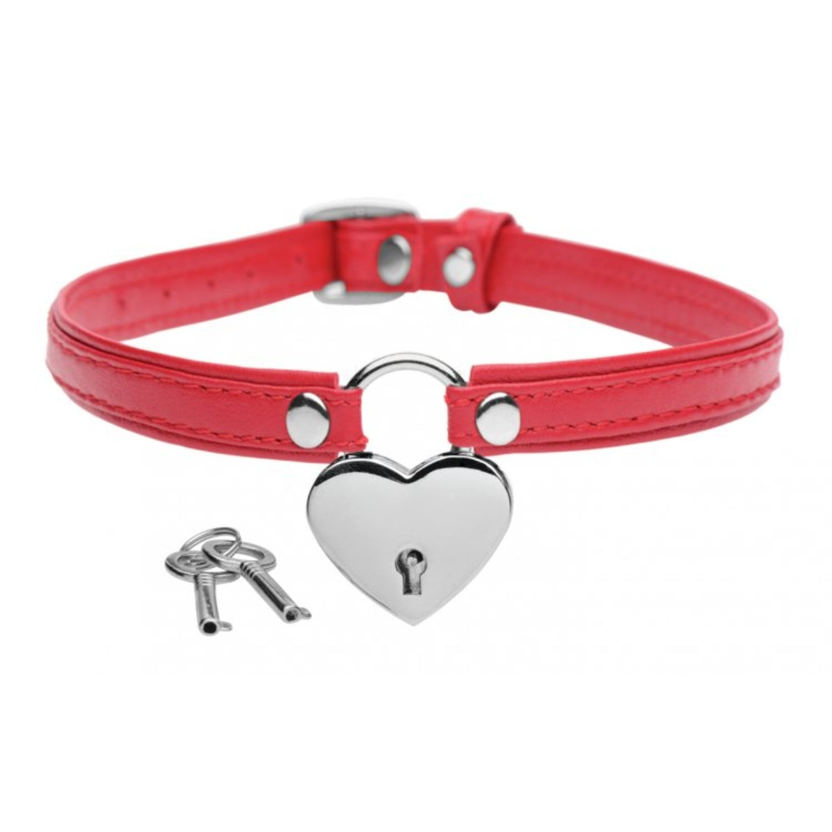 Master Series Heart Lock Leather Choker With Lock & Key Red