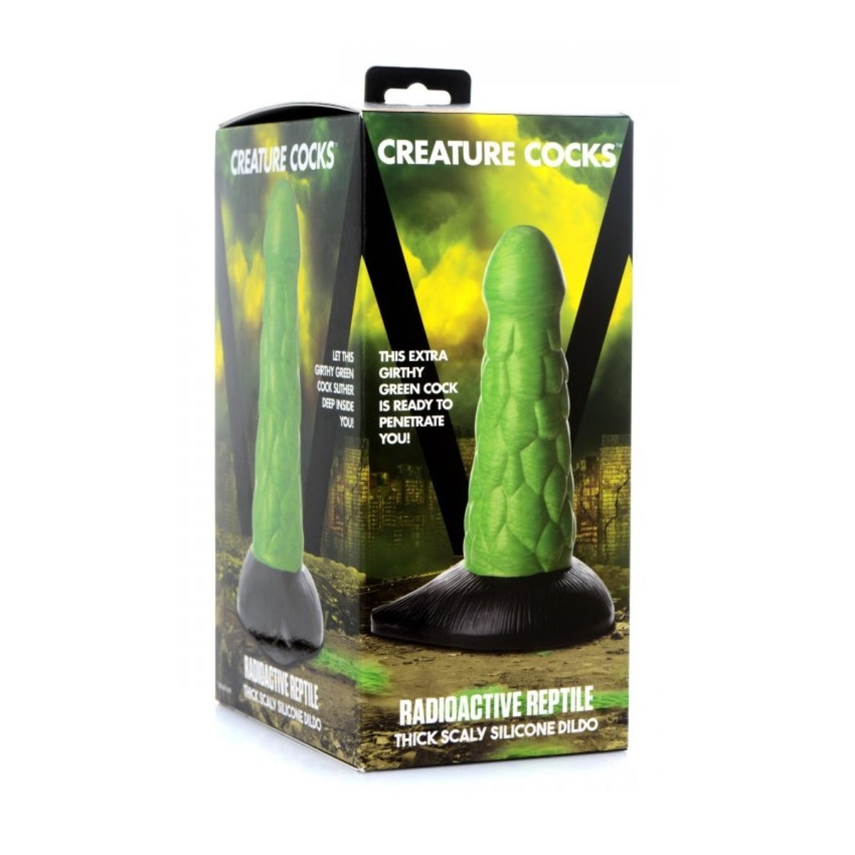 Front View Packaging - Creature Cocks Radioactive Reptile Thick Scaly Silicone Dildo Green - Simply Pleasure
