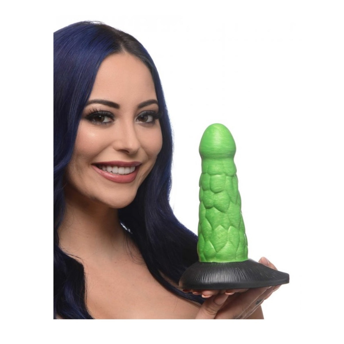 Female Model Holding Product - Creature Cocks Radioactive Reptile Thick Scaly Silicone Dildo Green - Simply Pleasure