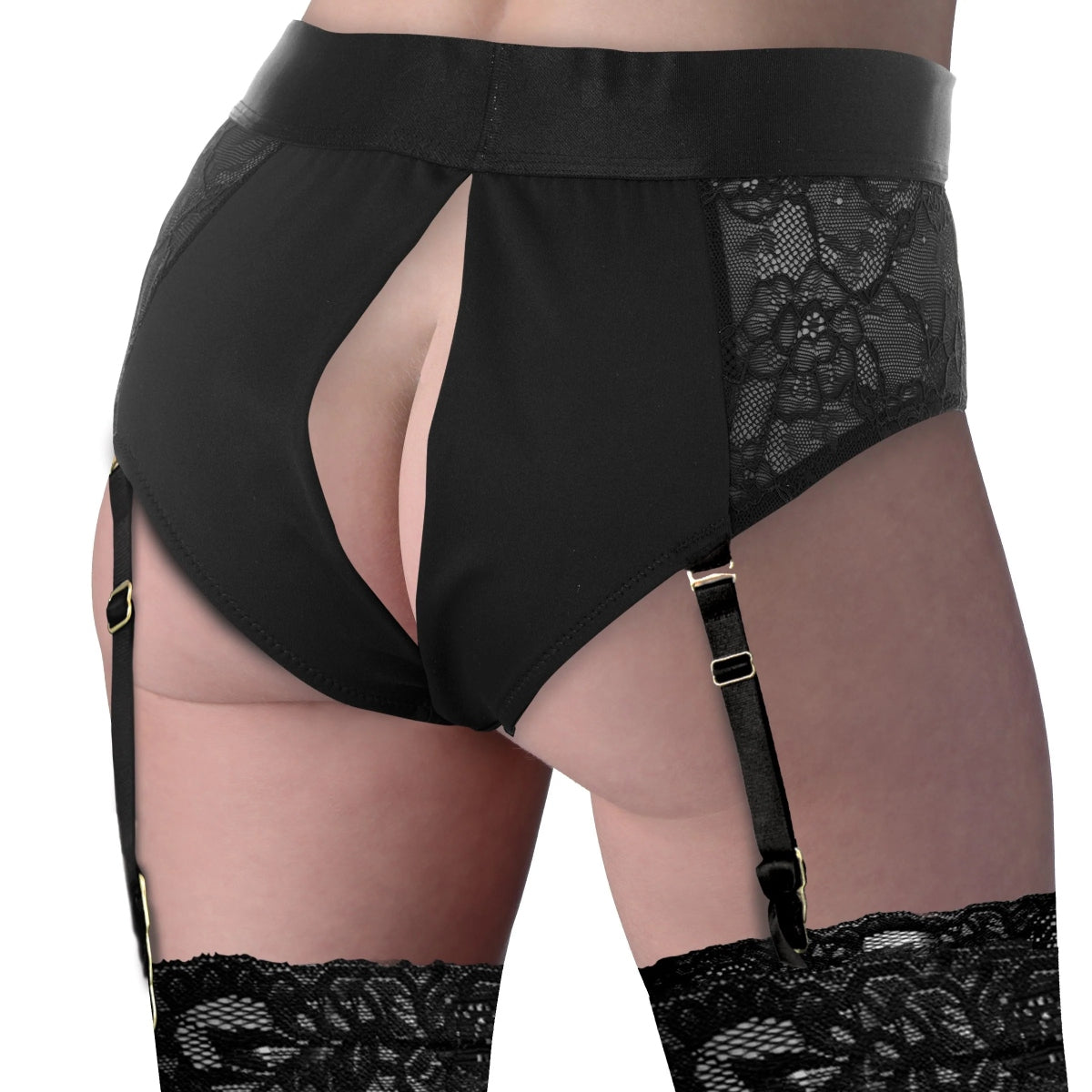 Strap U Laced Seductress Lace Crotchless Panty Harness With Garter Straps Black Small Medium