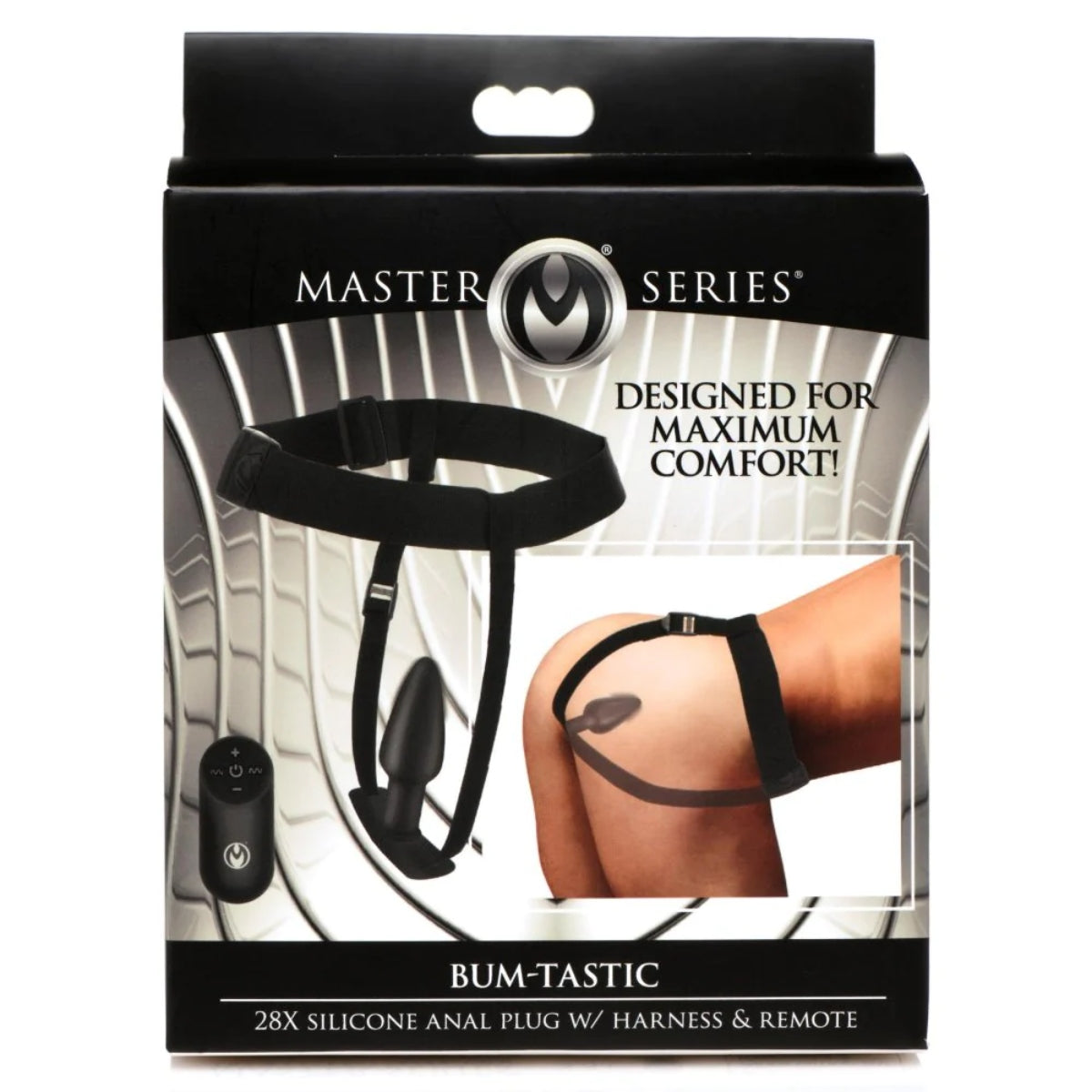 Master Series Bum-Tastic 28X Silicone Butt Plug With Harness & Remote Black