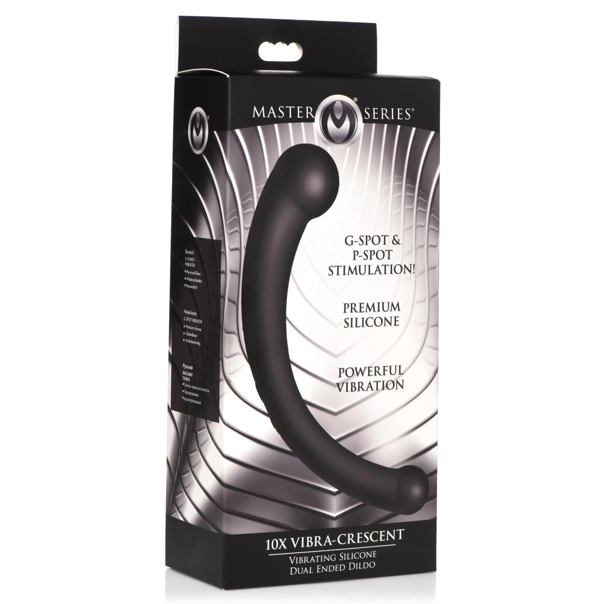 Master Series 10X Vibra Crescent Silicone Dual Ended Vibrating Dildo Black 8 Inch - Simply Pleasure