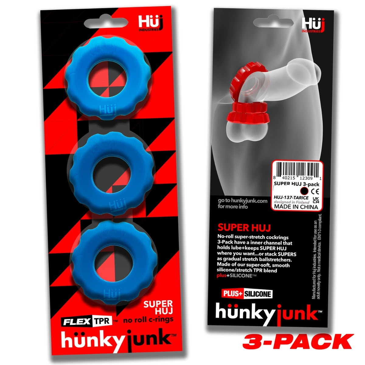 Hunkyjunk Super HUJ Cock Ring 3 Pack Teal Ice