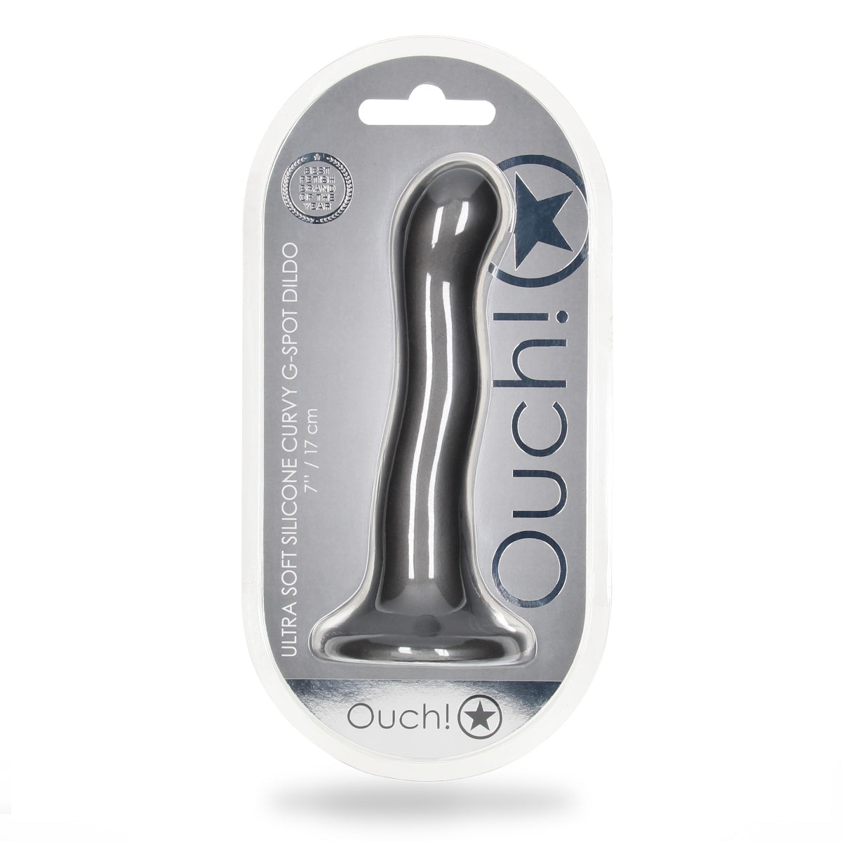 Ouch Ultra Soft Silicone Curvy G-Spot Dildo Metallic Grey 7 Inch