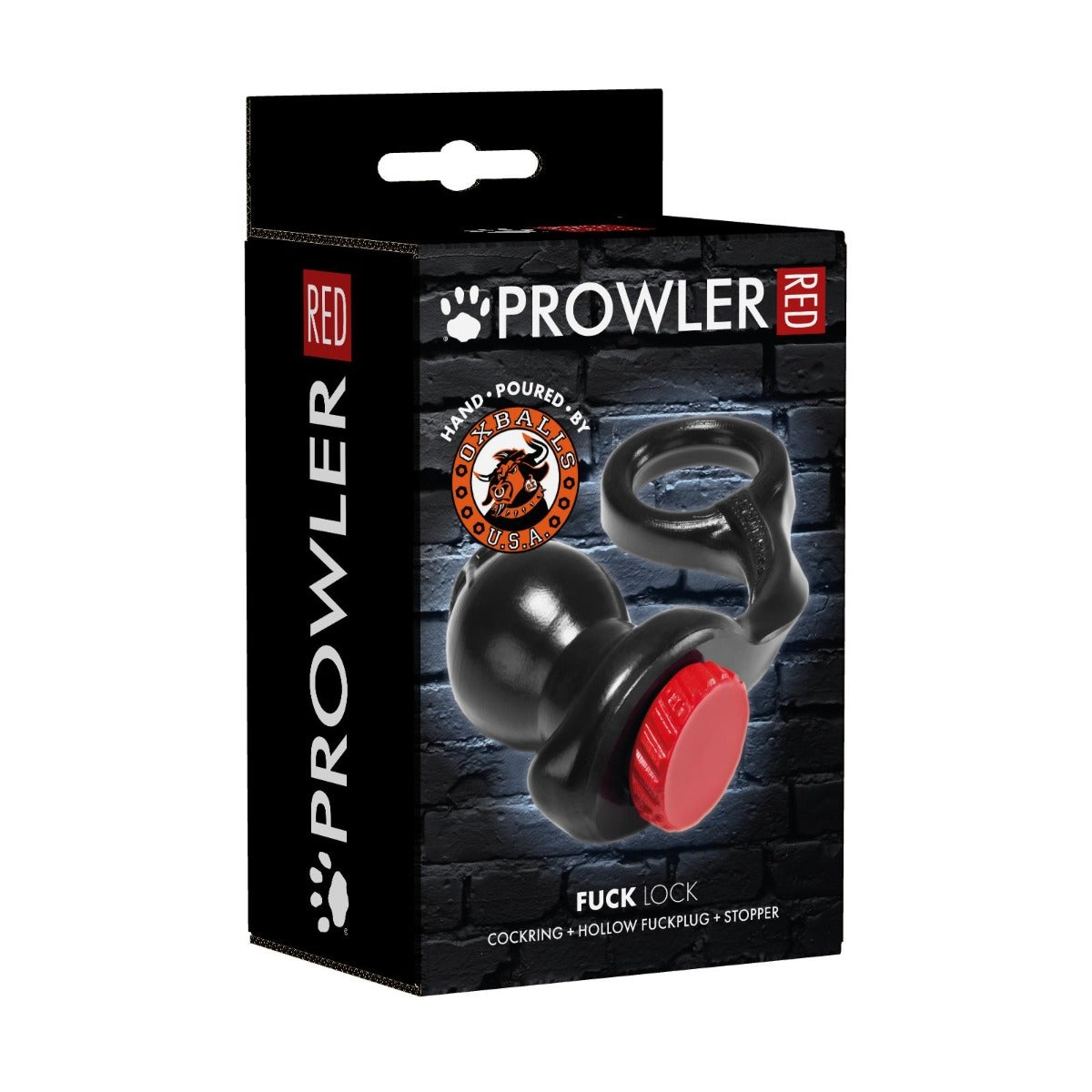 Prowler RED By Oxballs FUCK LOCK Cock Ring With Hollow Fuck Plug & Stopper Black Red - Simply Pleasure