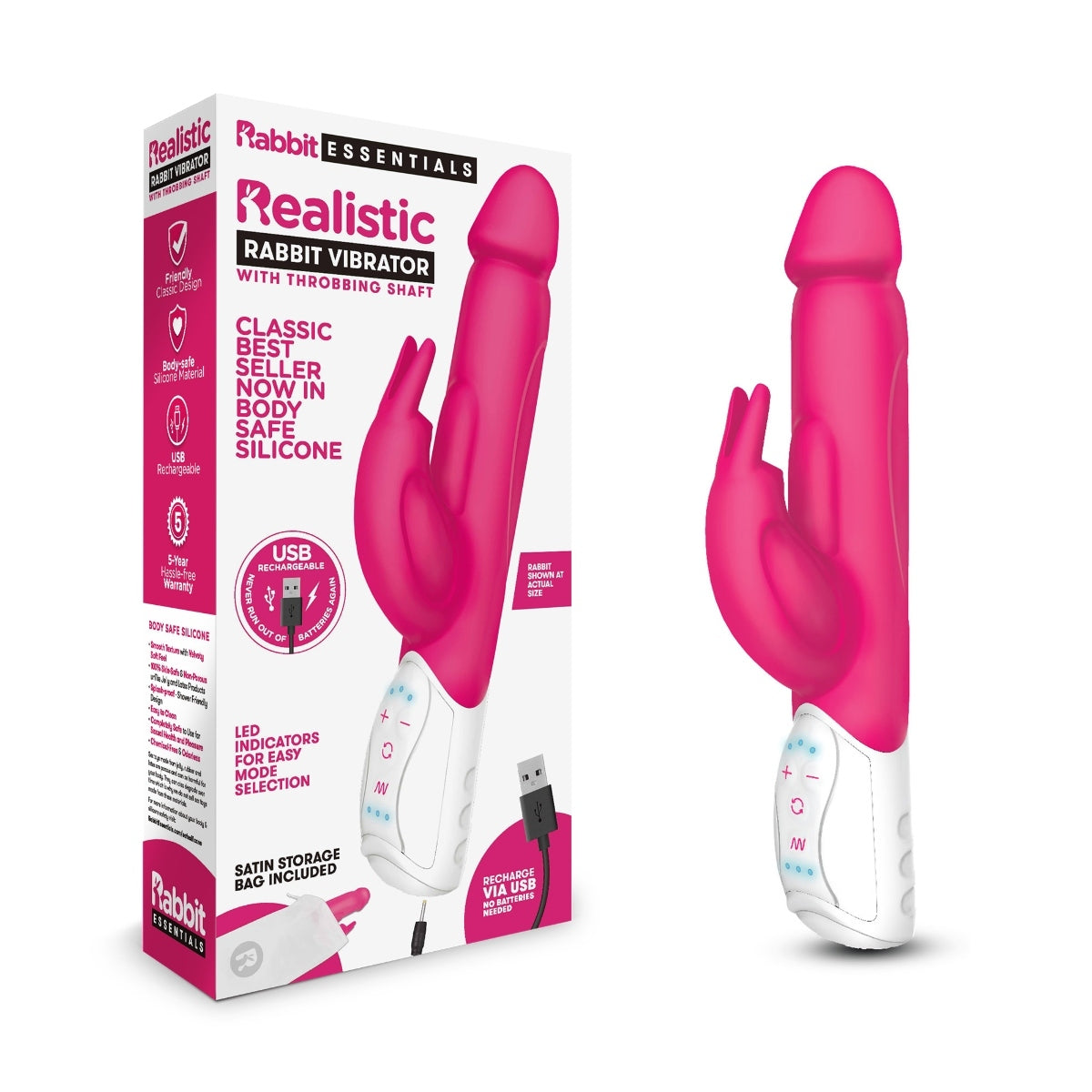 Rabbit Essentials Realistic Rabbit Vibrator With Throbbing Shaft Hot Pink