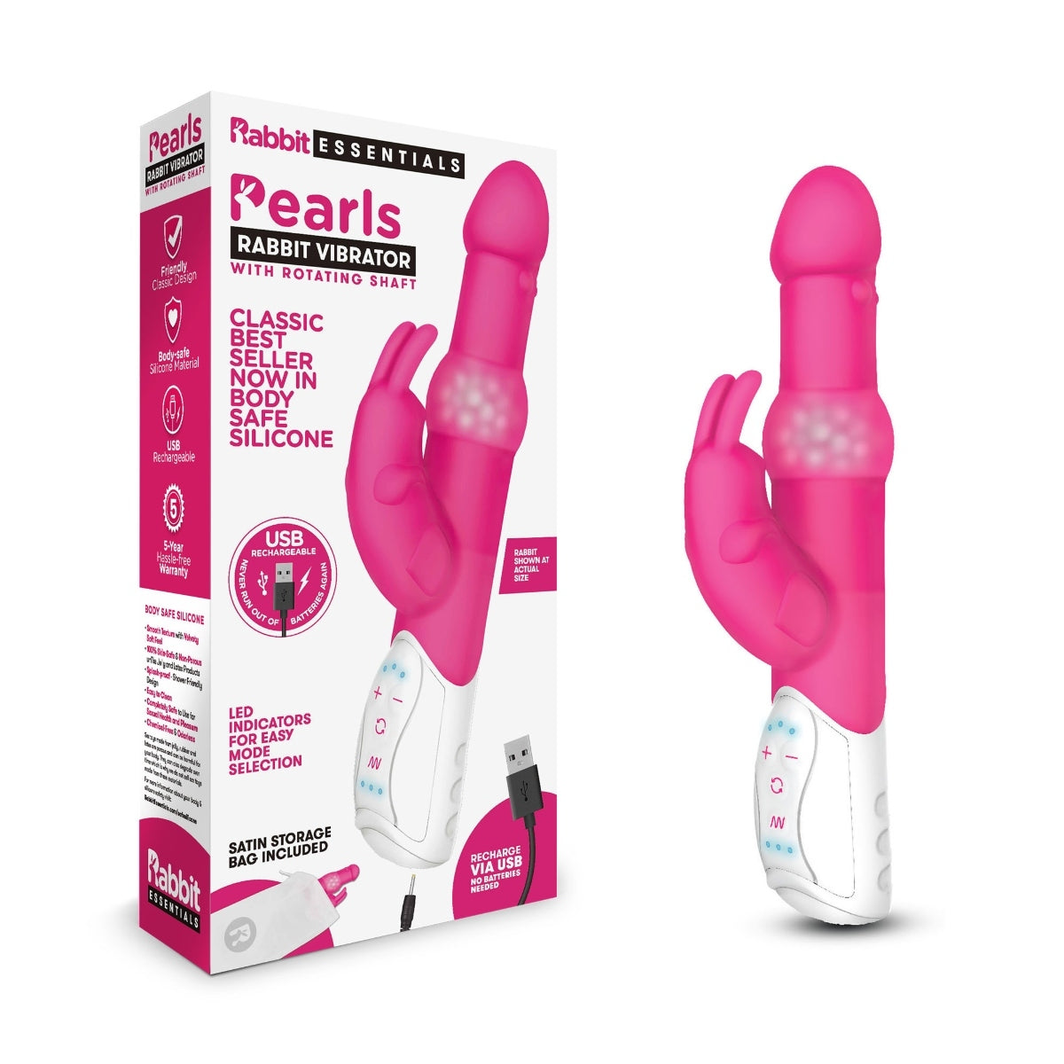 Rabbit Essentials Pearls Rabbit Vibrator With Rotating Shaft Hot Pink