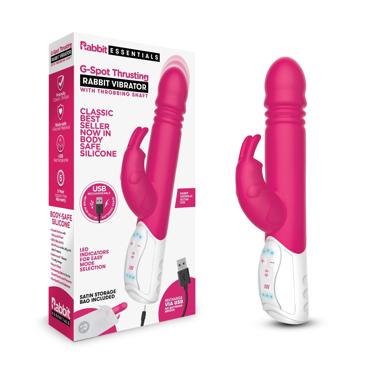 Rabbit Essentials G-Spot Thrusting Rabbit Vibrator With Throbbing Shaft Hot Pink