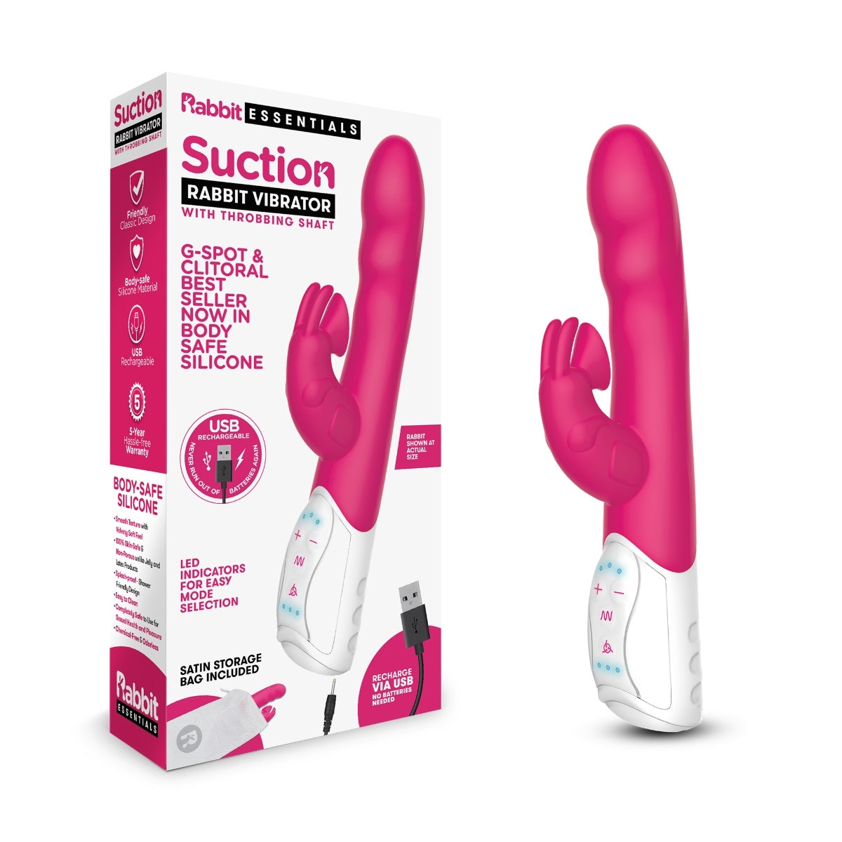 Rabbit Essentials Suction Rabbit Vibrator With Throbbing Shaft Hot Pink