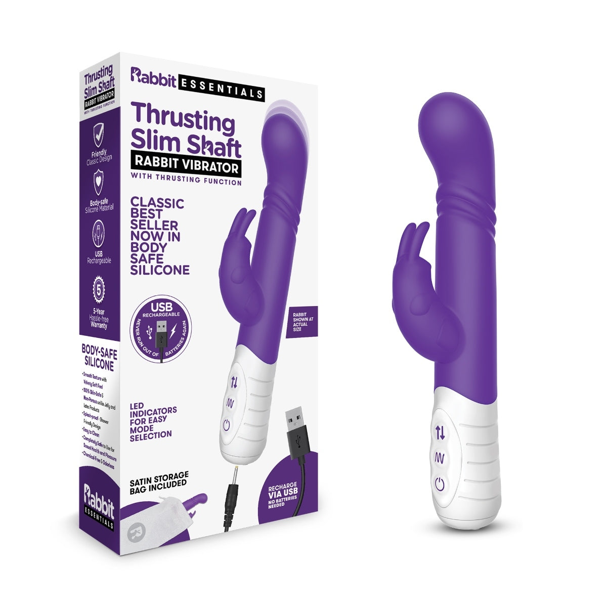 Rabbit Essentials Thrusting Slim Shaft Rabbit Vibrator With Thrusting Function Purple