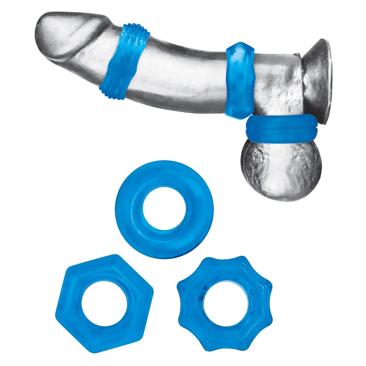 Blue Line Nuts & Bolts Stretch Cock Ring Set 3 Pack Blue - Simply Pleasure