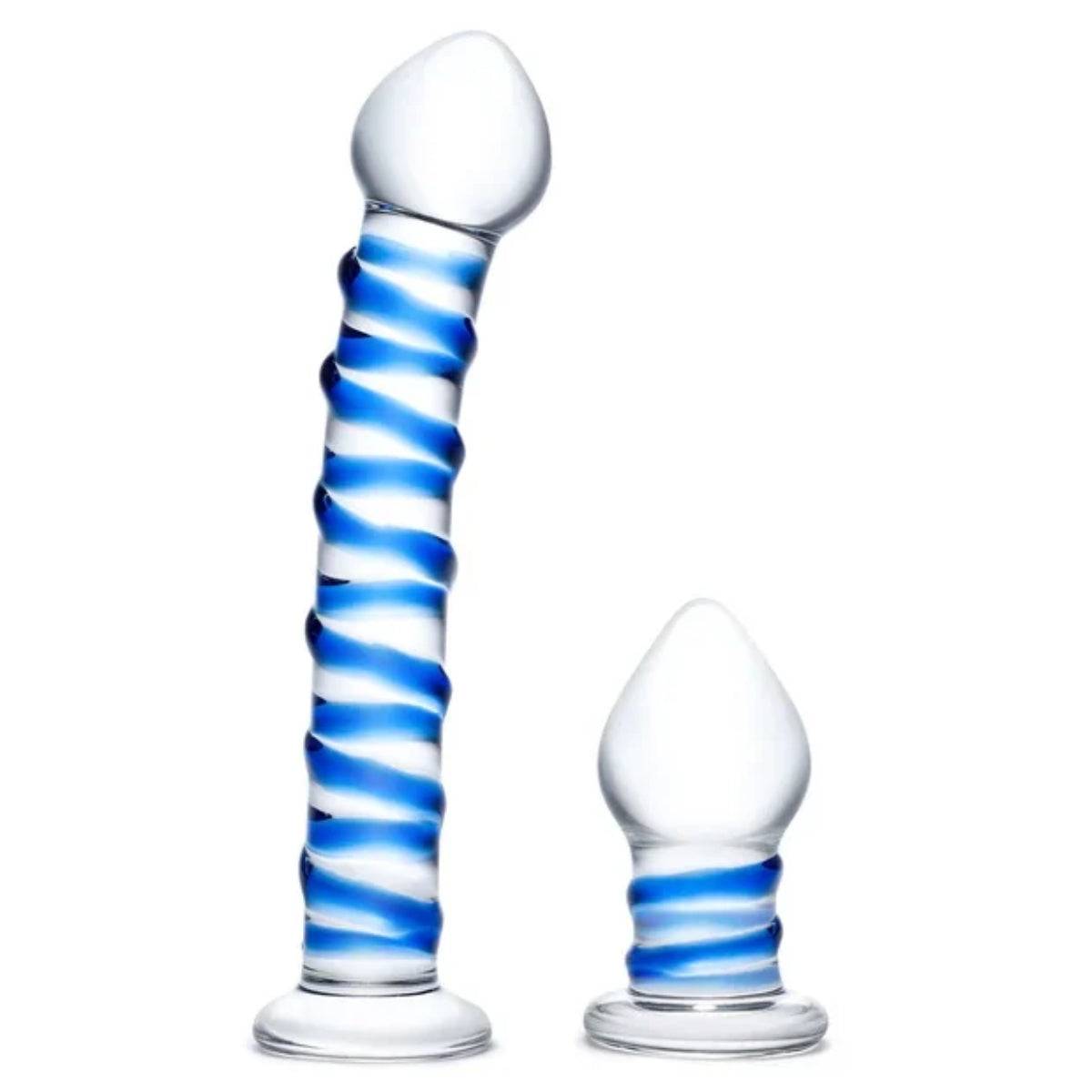 Glas Double Penetration Swirly Dildo And Butt Plug Set Blue 2.75 Inch 7 Inch - Simply Pleasure