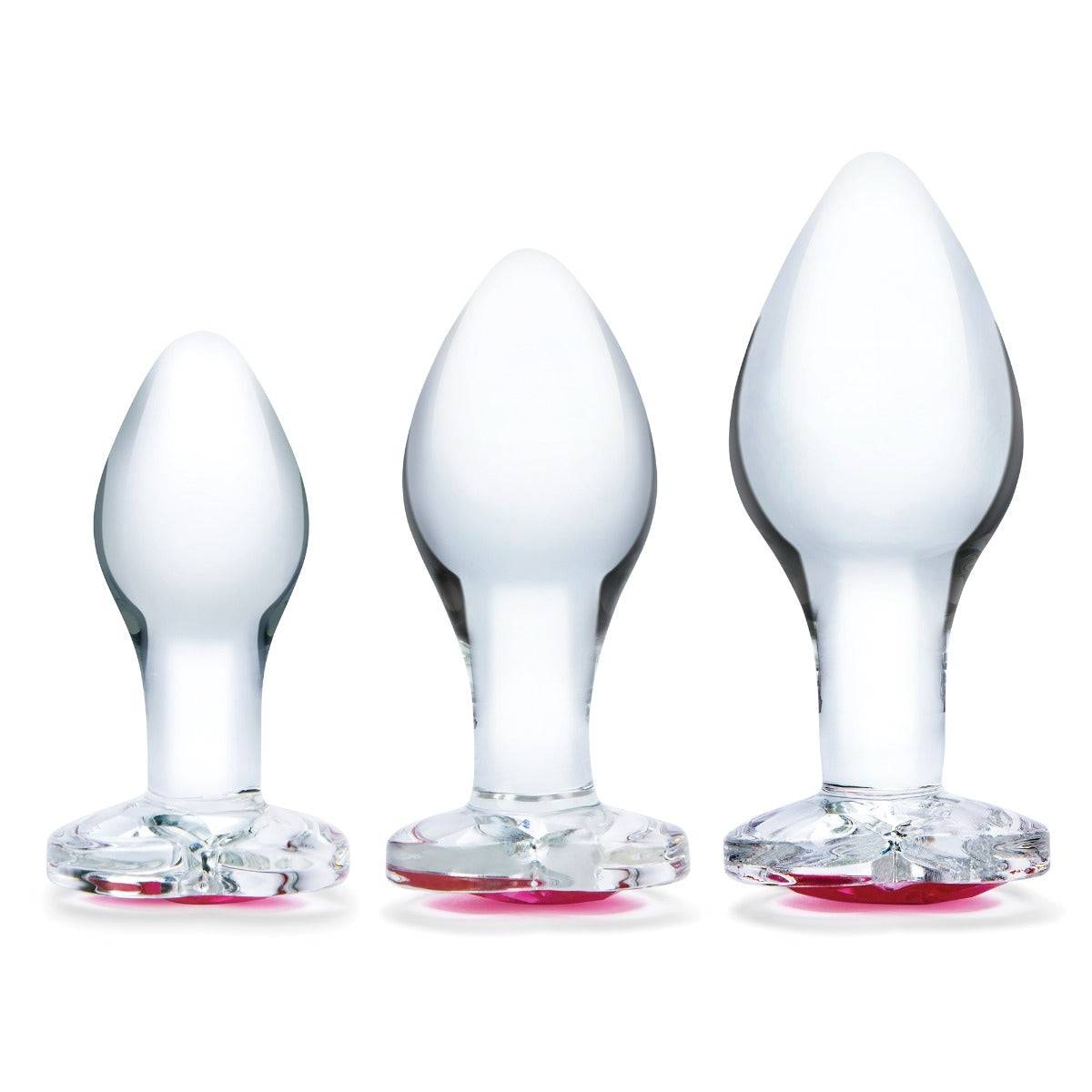 Front Product View - Glas Heart Jewel 3 Piece Anal Training Butt Plug Kit Clear 3 Inch 3.5 Inch 4 Inch - Simply Pleasure
