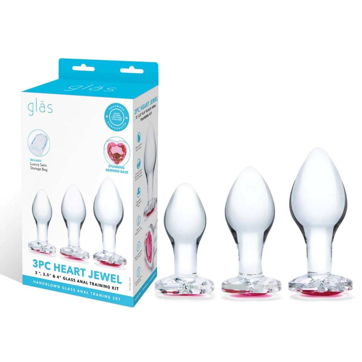 Product With Packaging Front View - Glas Heart Jewel 3 Piece Anal Training Butt Plug Kit Clear 3 Inch 3.5 Inch 4 Inch - Simply Pleasure