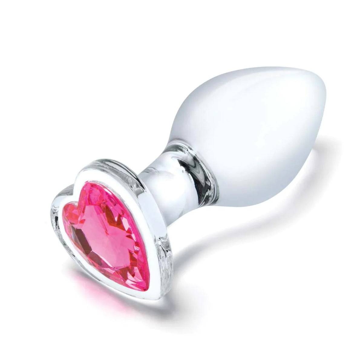 Product Side View - Glas Heart Jewel 3 Piece Anal Training Butt Plug Kit Clear 3 Inch 3.5 Inch 4 Inch - Simply Pleasure