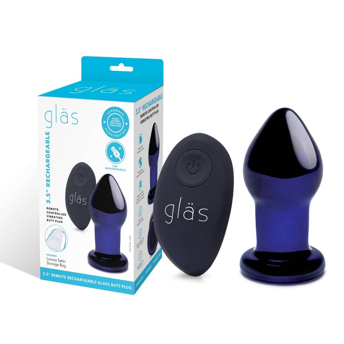 Glas Rechargeable Remote Controlled Vibrating Butt Plug Blue 3.5 Inch - Simply Pleasure