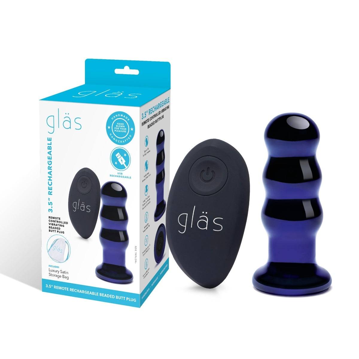 Glas Rechargeable Remote Controlled Vibrating Beaded Butt Plug Blue 3.5 Inch - Simply Pleasure