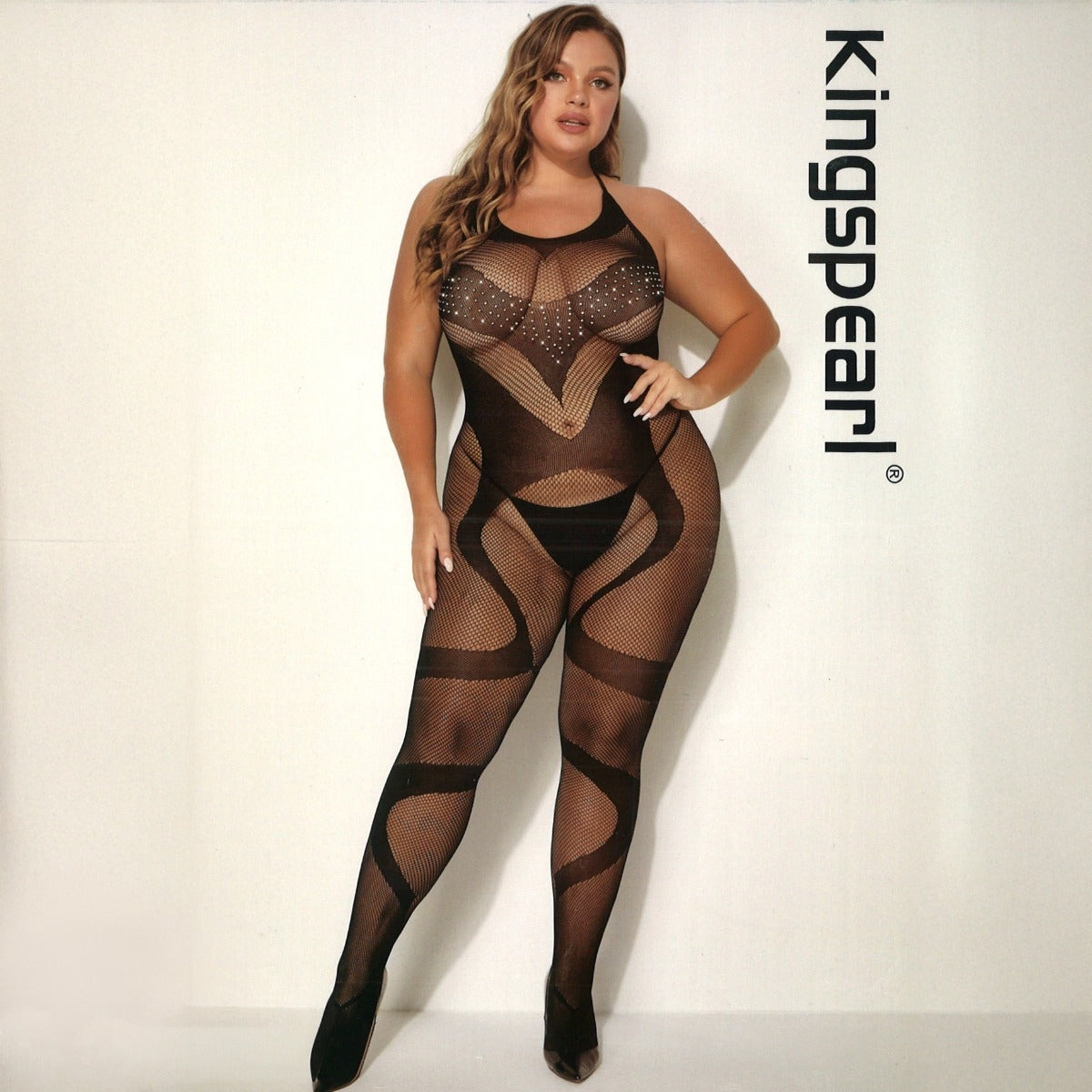 Kingspearl Bodystocking With Front Rhinestone Detail Black Queen Size
