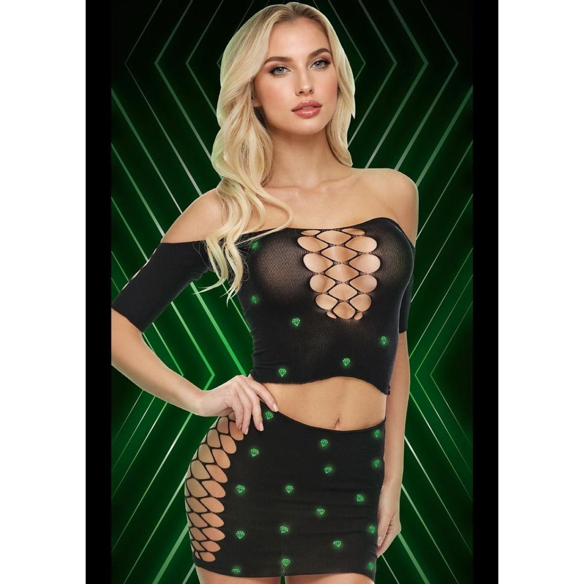 Lapdance Diamond 2 Piece Crop Top & Shirt Set Glow In The Dark 