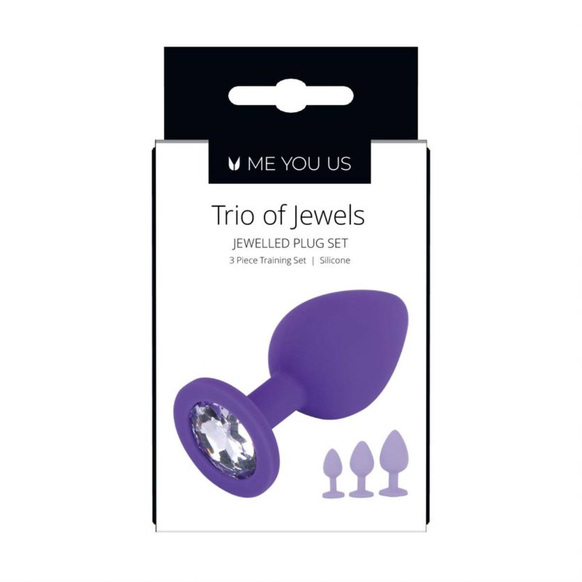 Front View Packaging - Me You Us Trio Of Jewels Jewelled Butt Plug Set Purple - Simply Pleasure