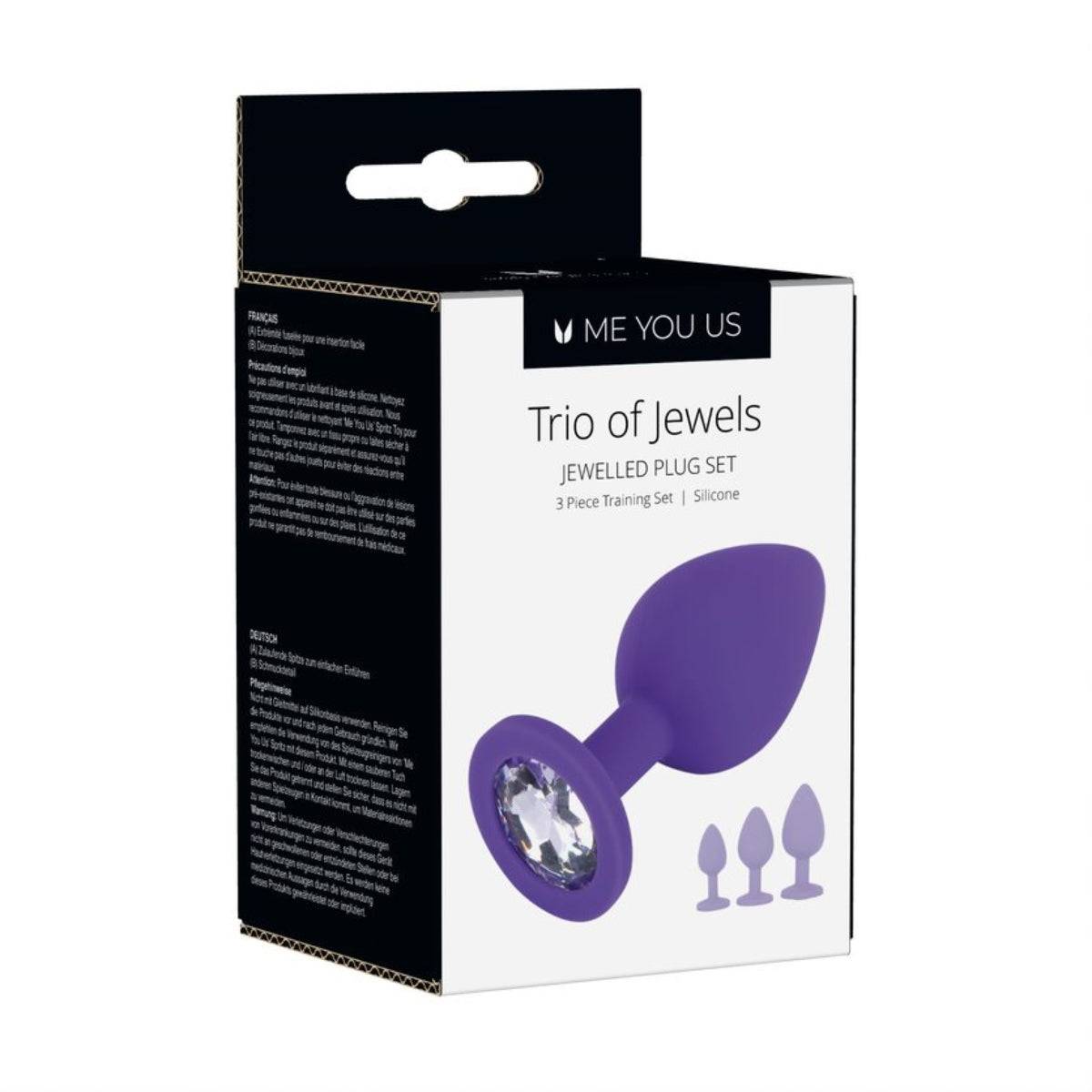 Front Side Packaging View - Me You Us Trio Of Jewels Jewelled Butt Plug Set Purple - Simply Pleasure