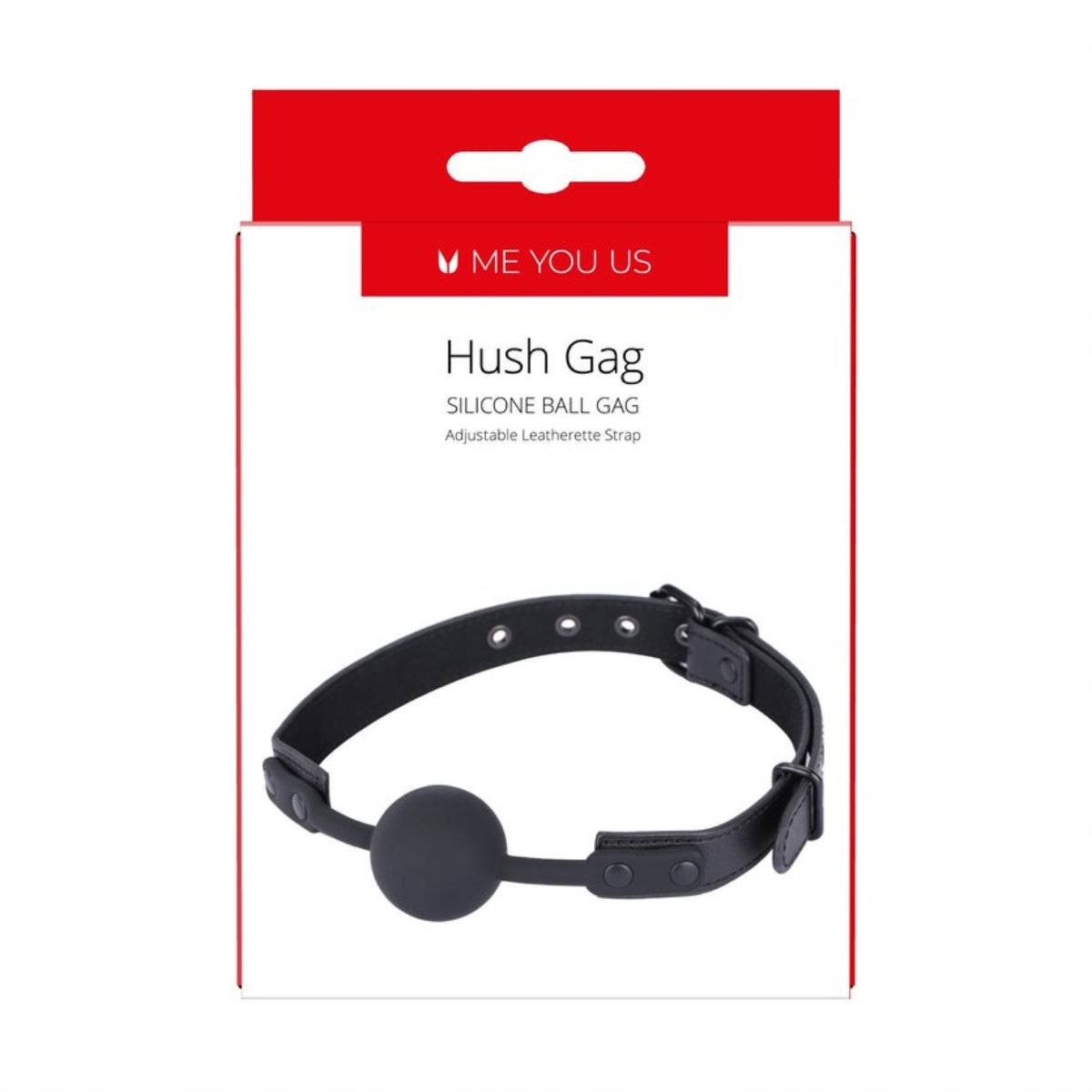 Front View Packaging - Me You Us Hush Silicone Ball Gag Black - Simply Pleasure