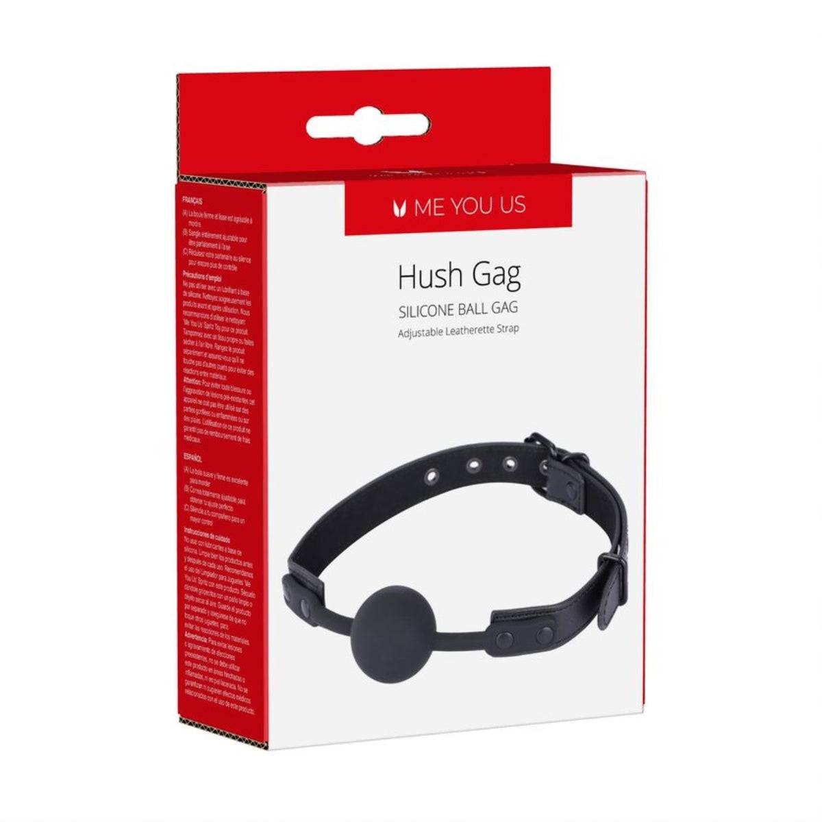 Front Side View Packaging - Me You Us Hush Silicone Ball Gag Black - Simply Pleasure
