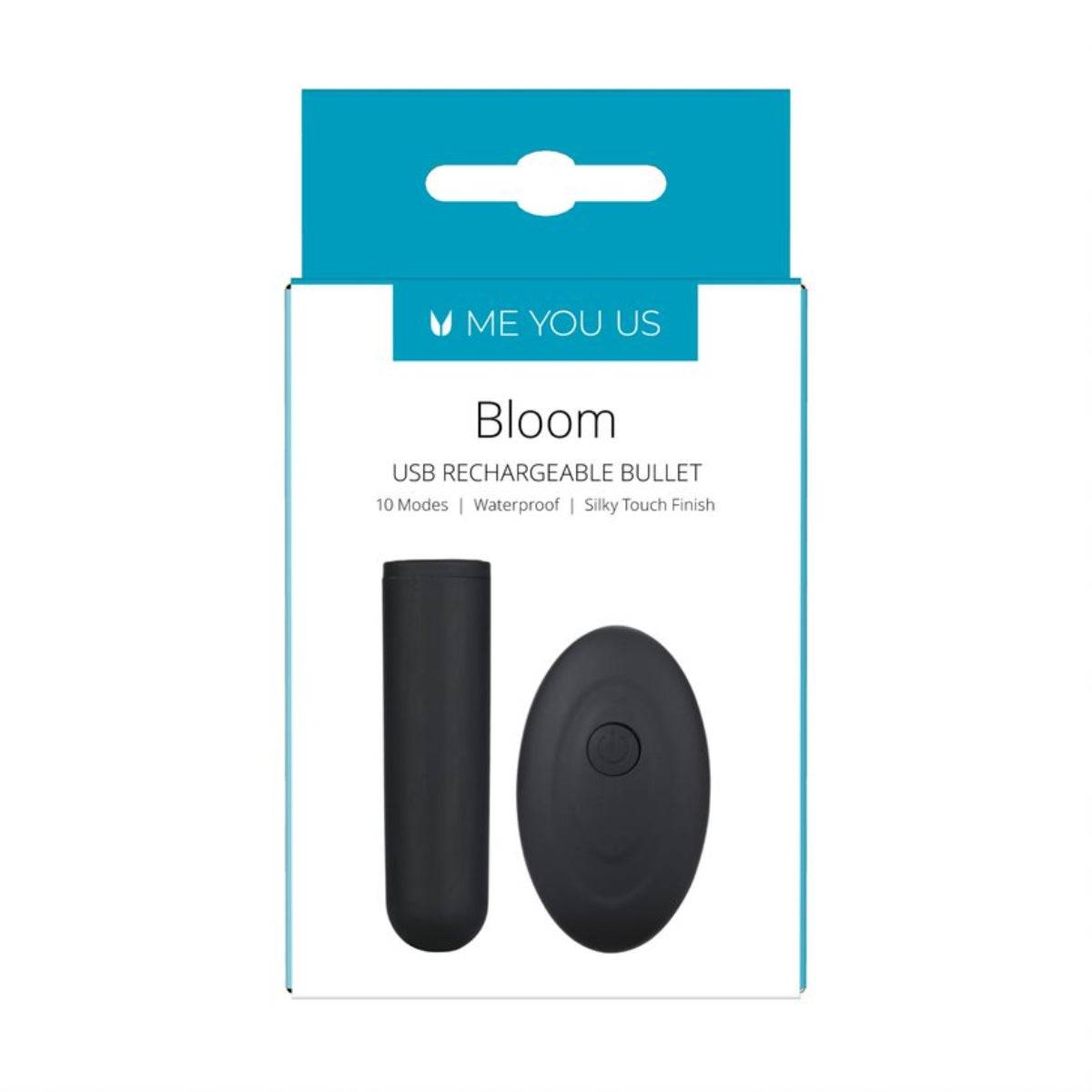 Front View Packaging - Me You Us Bloom USB Rechargeable Bullet Black - Simply Pleasure