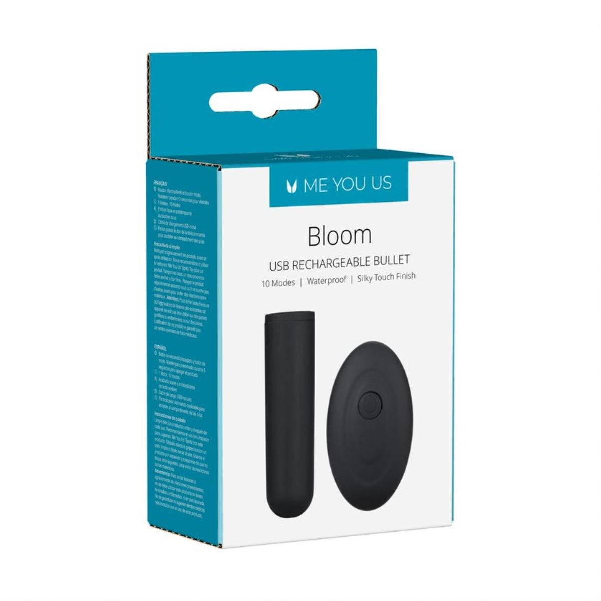 Front Side View Packaging - Me You Us Bloom USB Rechargeable Bullet Black - Simply Pleasure