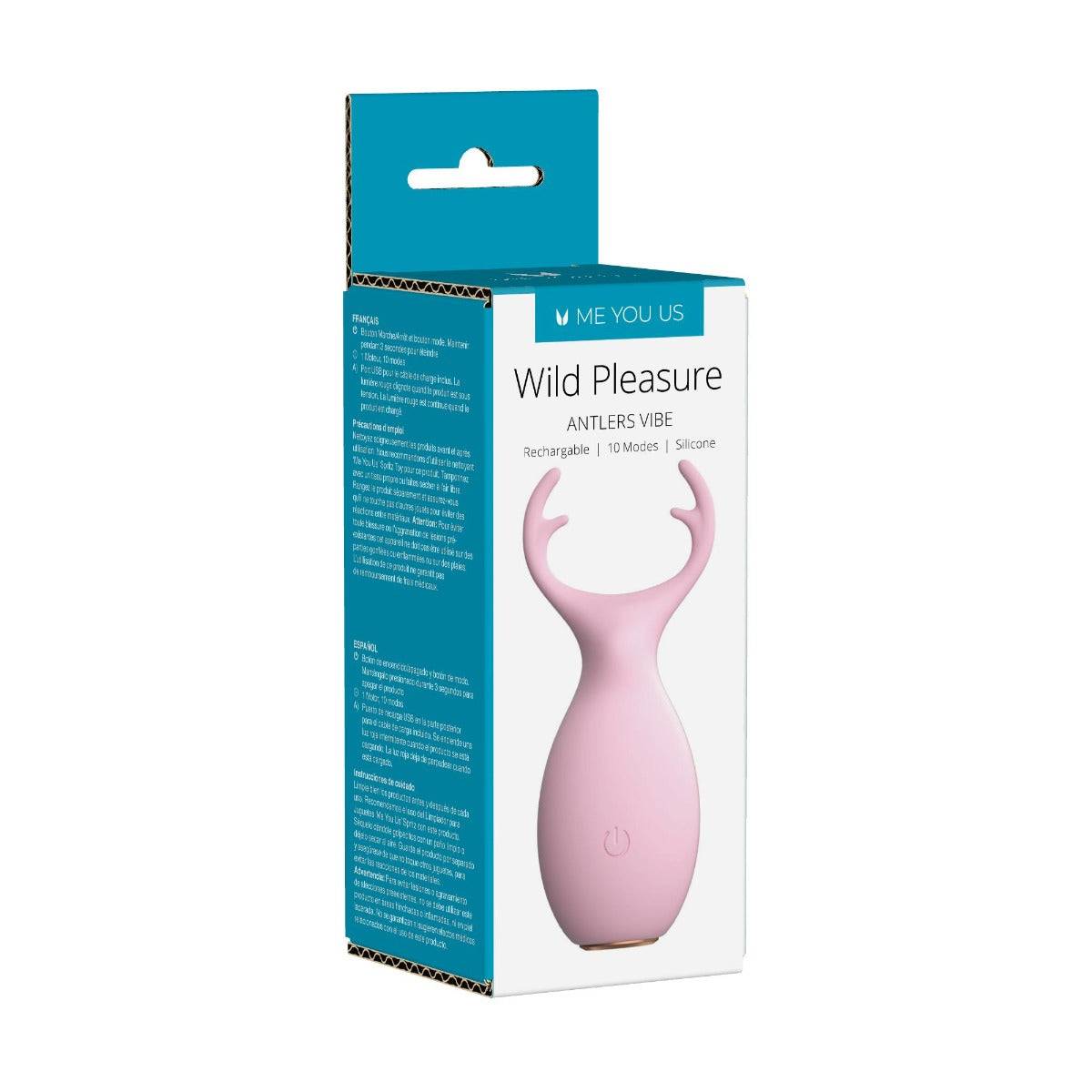 Front Side View Packaging - Me You Us Wild Pleasure Antlers Vibrator Pink - Simply Pleasure